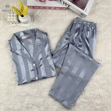 NOIRI Piyama Satin Baju Tidur Lengan Panjang Celana Panjang Setelan One Set Wanita Dewasa Motif