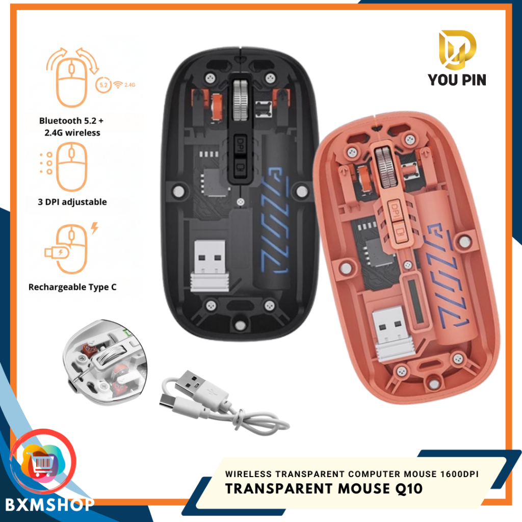 Jual YOU PIN Mouse Q10 Wireless Transparan Silent Rechargeable BT5.2 ...