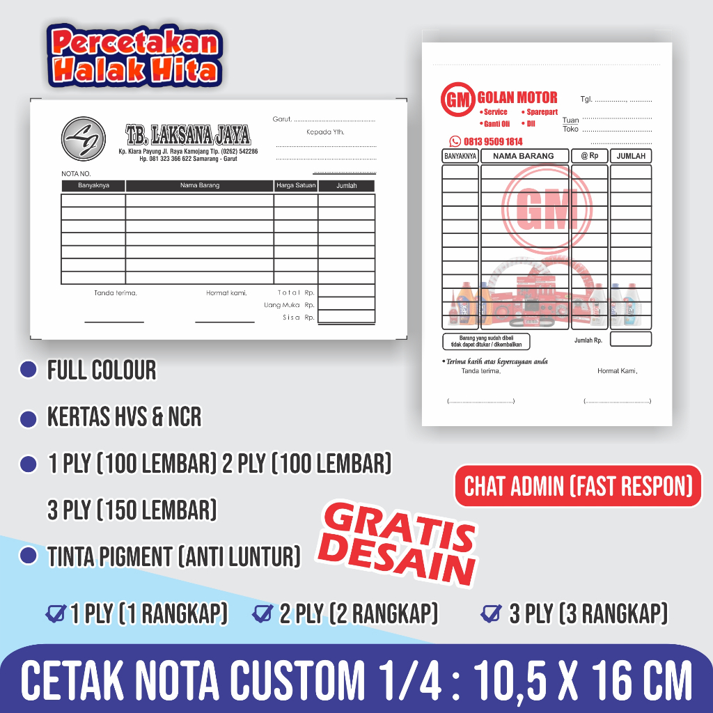Jual Cetak Nota 1/4 Custom 1ply, 2ply dan 3 Ply / Gratis Desain Request ...