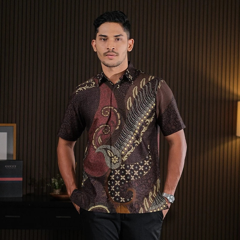 Hadinata Batik Premium Kemeja Batik Pria Lengan Pendek Superfine Deswan Maroon - foto 1