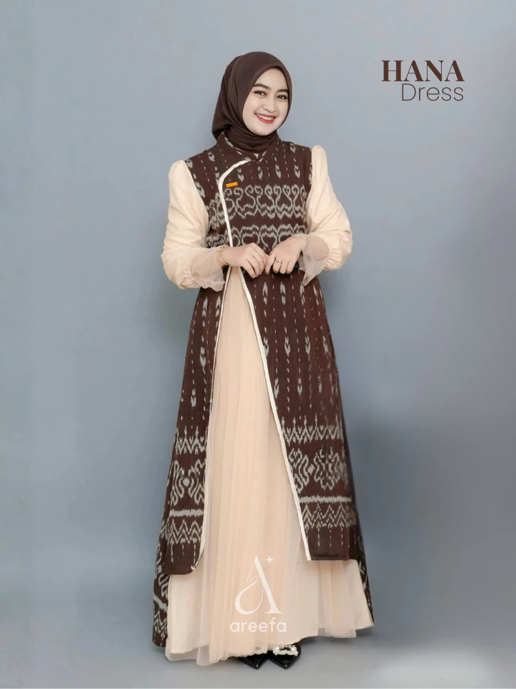 Detail bahan Gamis Tenun Etnik Katun Tile Premium Wanita Kondangan Pesta Mewah Warna Mahogany