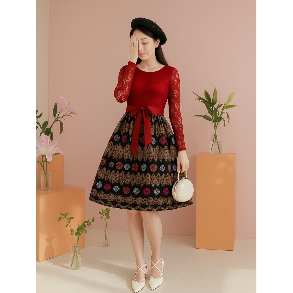 Jual Dress Natal Brokat Kombi Batik Gaun Pesta Wanita Kombinasi Lace ...