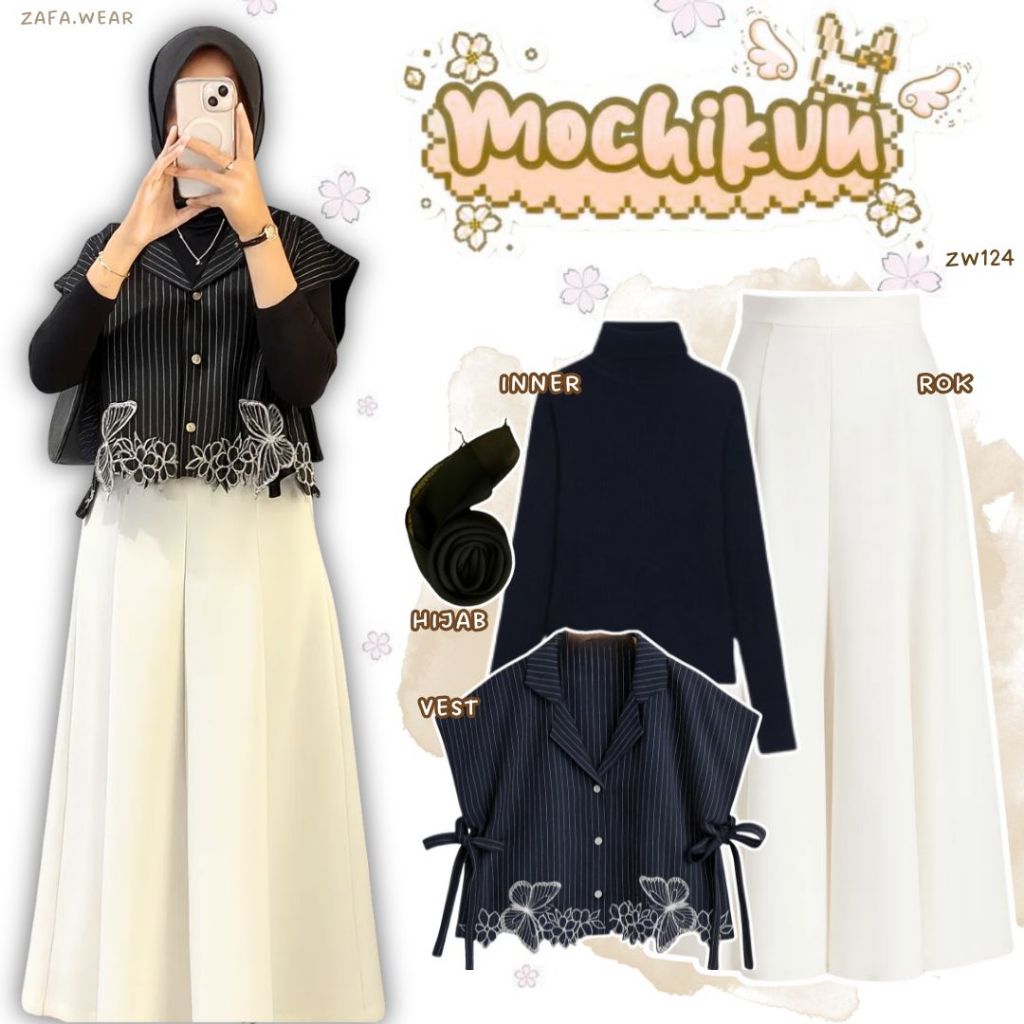 Jual 4IN1 Outfit - Vest Hitam, Rok White, Inner Hitam, Hijab Bella ...
