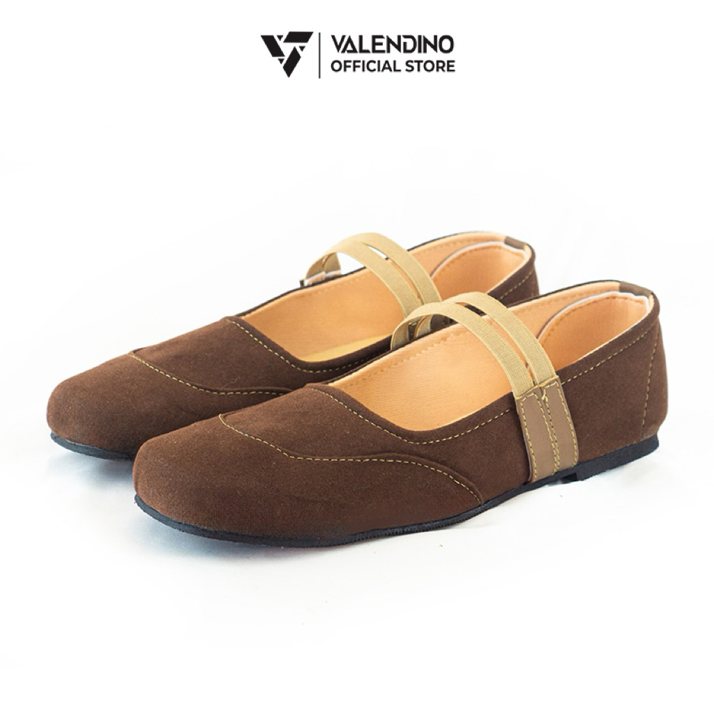 VALENDINO Flat Shoes Mary Jane Suede Velvet Hitam Coklat Sepatu Casual Wanita Strap Elastis Slip On