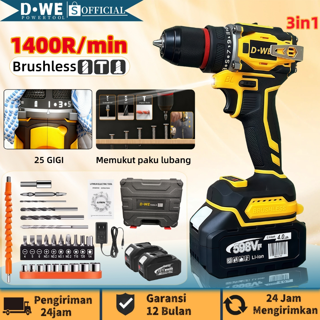 Jual D•WE Brushless 40N.M bor baterai Impacte lektrik mesin bor listrik ...