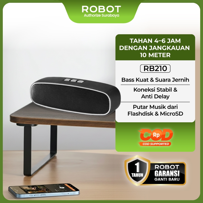 ROBOT Speaker Bluetooth Speaker Portable Speaker Mini Bass Ngebass Subwoofer 5W Suara Jernih Playtime 4–6 Jam BT 5.0 USB T Hands-Free RB210