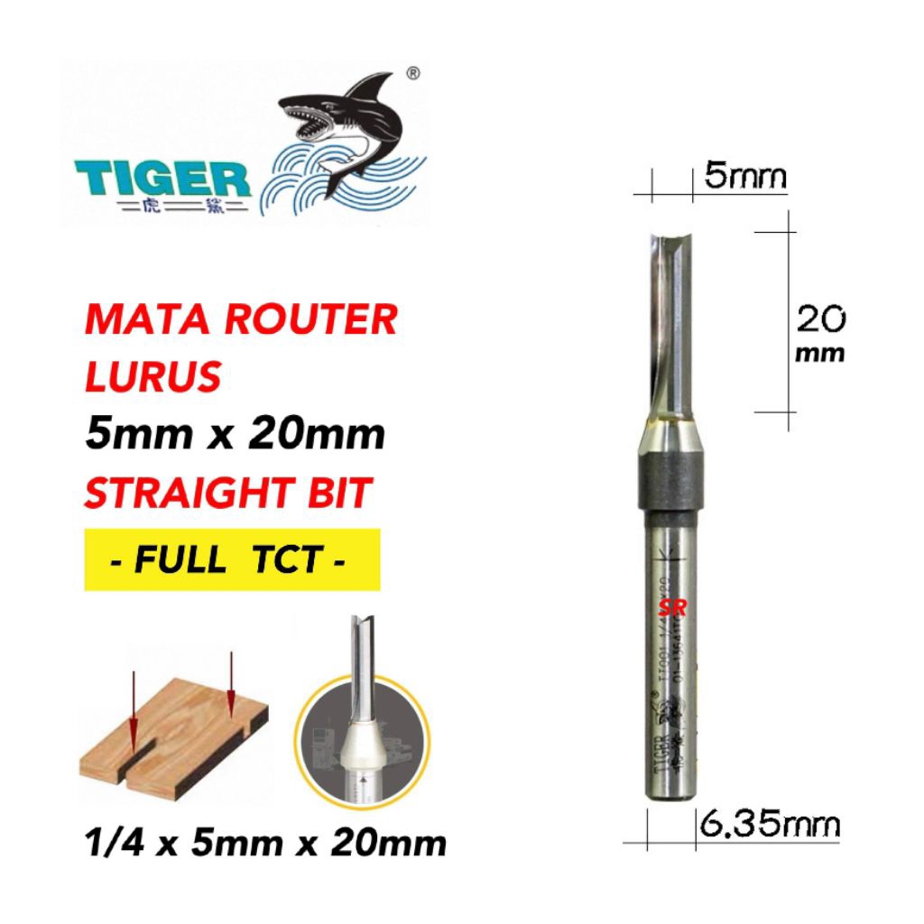 Jual Mata Router/ Profil 5mm × 20mm As 1/4 Full TCT Straight Bits TIGER ...