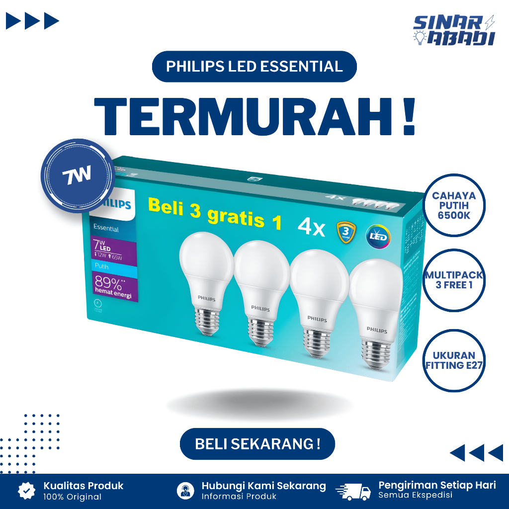Jual 3 Free 1 Philips LED Essential 7W E27 6500K (Putih) | Shopee Indonesia