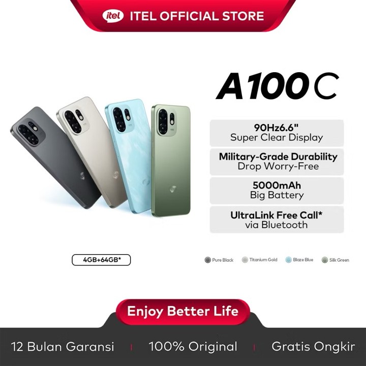 itel A100C 4+64GB Layar 6.6" 90Hz Tahan Banting Military-Grade Big Memory UltraL