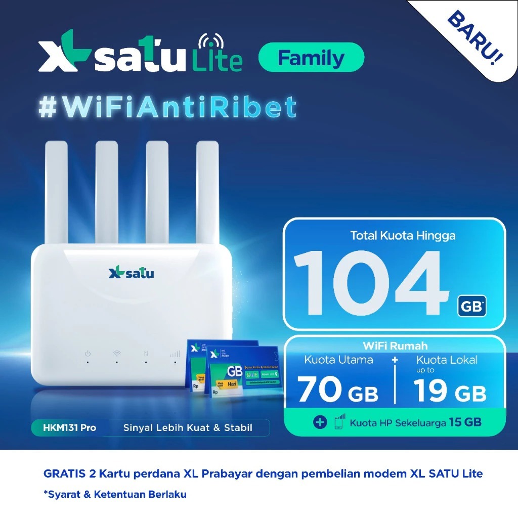XL Satu Lite Family Modem Home Router HKM 131 Pro WiFi 4G Sim Card Free Kuota 48GB/72GB/104GB Unlock All Operator