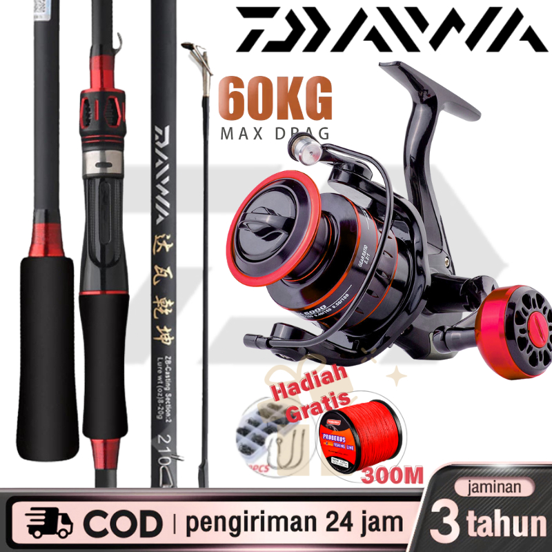 Set Alat Pancing Spot Joran Lure DAIWA Warna Merah Action M + Gulungan Pancing Logam Anti Karat Warna Merah, Gratis Senar Pancing PE 300M Jika Order