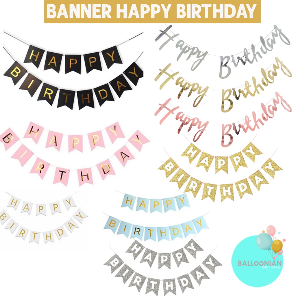 Banner Happy Birthday Black-Gold/Banner Happy Birthday Latin/Banner Kertas Ulang Tahun Glitter/Banner Pink/Biru/Ungu/Rose gold