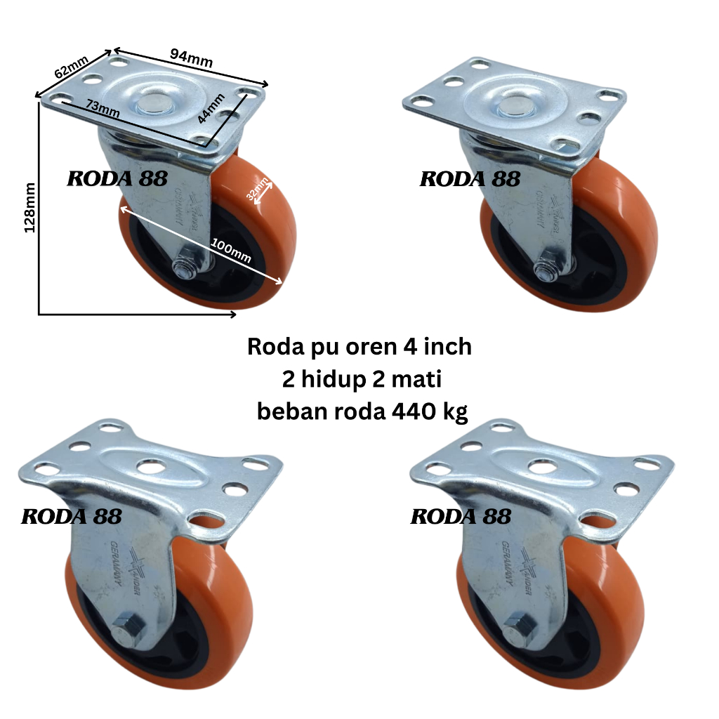 Jual Roda pu Oren 4 inch (2 Hidup & 2 Mati) Beban roda 440 kg | Shopee ...