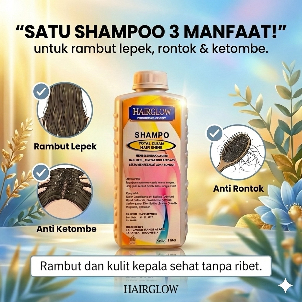 Hairglow Shampoo ukuran Besar 1000 ML - Solusi Rambut Berminyak & Rontok (Hijab Friendly) & Ketombe