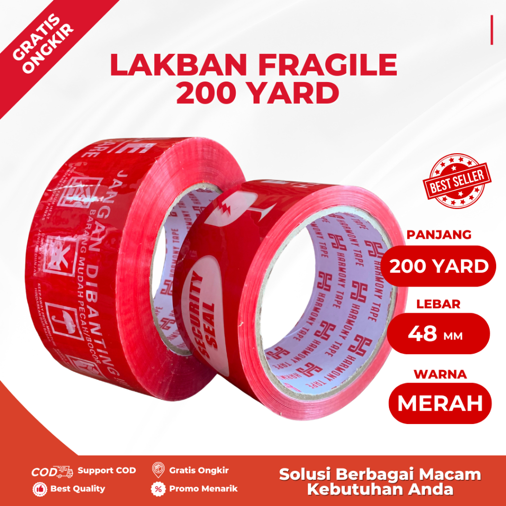 Jual Lakban Fragile Merah 200 Yard Merah Kuat Ekonomis - Solasi Packing ...