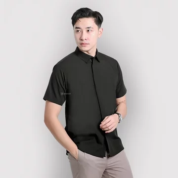 BROGUY Kemeja Zipper Pria Simple Lengan Pendek