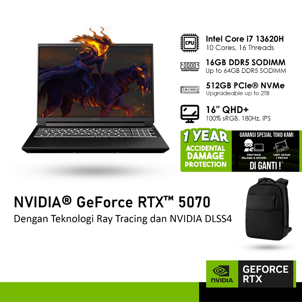 AXIOO PONGO 775 GeForce RTX ™ 5070 8GB - i7 13620H 16GB 512GB WINDOWS 11 16.0 INCH QHD 180HZ 100SRGB