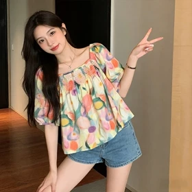 Yikoo Blouse Korea Multi Warna Blus Atasan Wanita Lengan Pendek Top