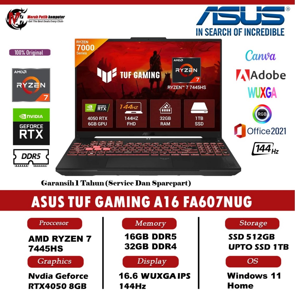 Jual Laptop ASUS TUF GAMING A16 FA607NUG Amd Ryzen 7 7445HS 32GB DDR5 ...