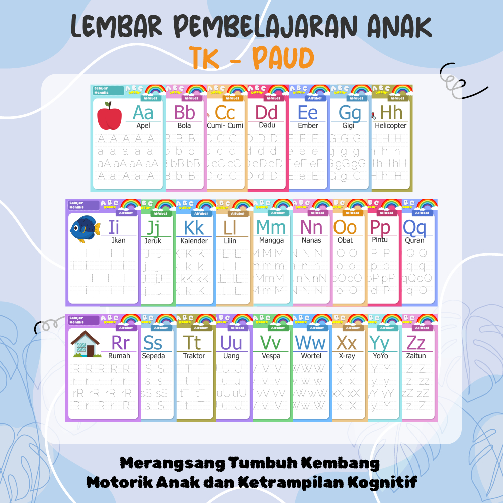 Jual Lembar Belajar Mengenal Huruf Alfabet - 26 Lembar ABC Dasar untuk ...