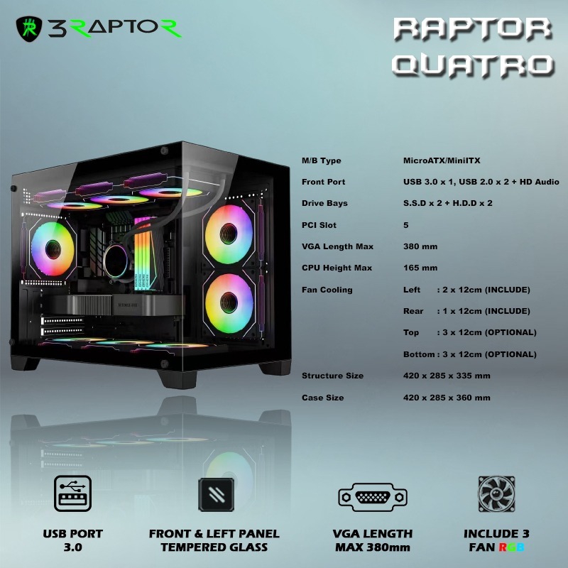 Jual Casing PC Gaming RAPTOR QUATRO M-ATX | Dual Tempered Glass | 3 Fan ...