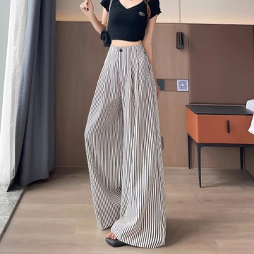 Celana Kulot Wanita Wide Leg Motif Garis Elegan Bahan Lembut Nyaman Desain Longgar Trendy OOTD
