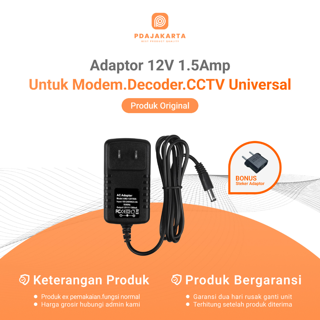 Adaptor 12V-1.5Amp Untuk Modem/Router/DVR/CCTV/STB/HTB Universal Bekas Original