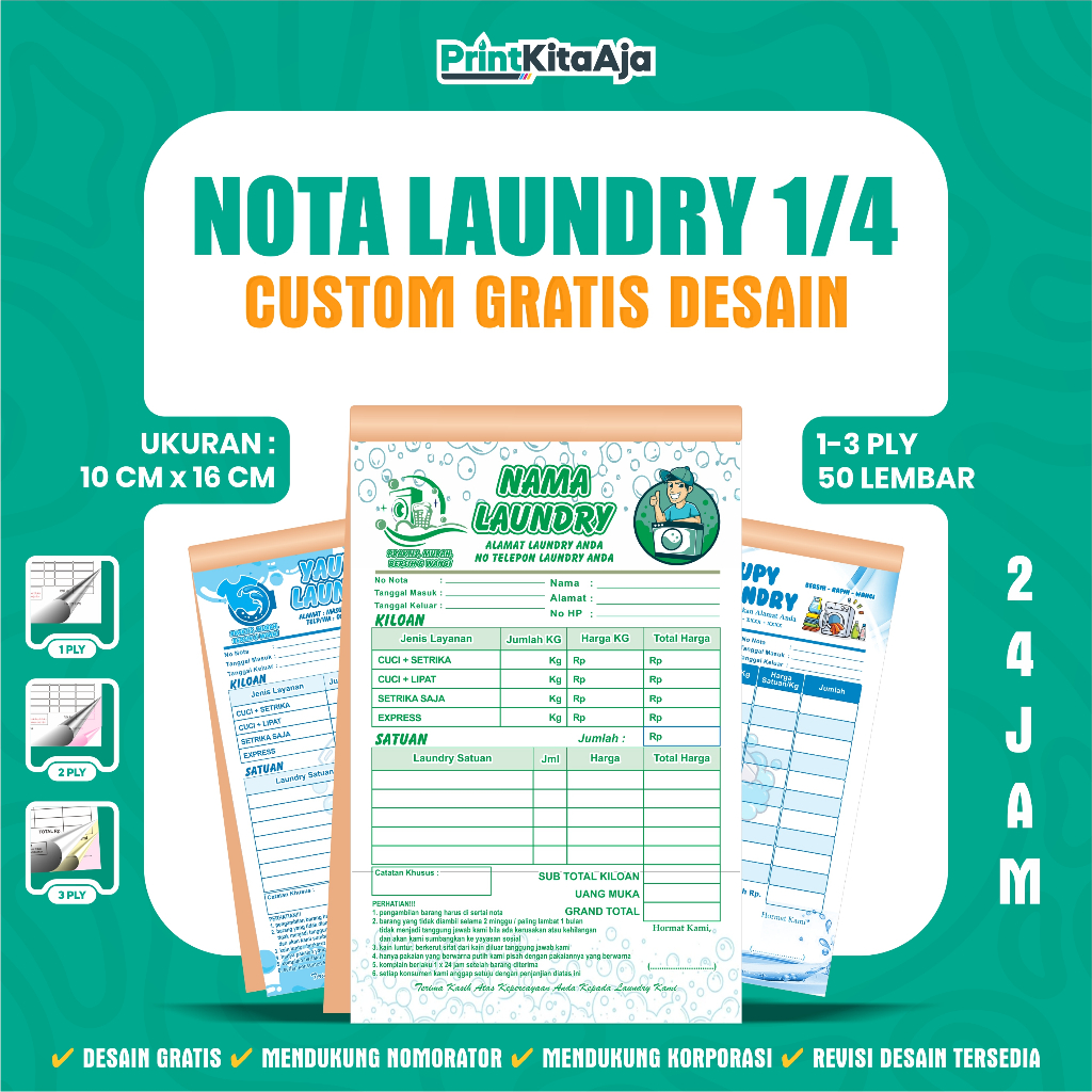Jual CETAK NOTA LAUNDRY CUSTOM 1/4 | GRATIS DESAIN | Isi 100 1-3 PLY ...