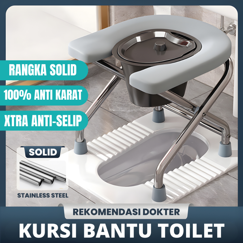 Alat Bantu Kursi Toilet Lipat Kamar Mandi Stainless Steel Lipat | Beban 200KG | Anti Slip + Ember Pispot