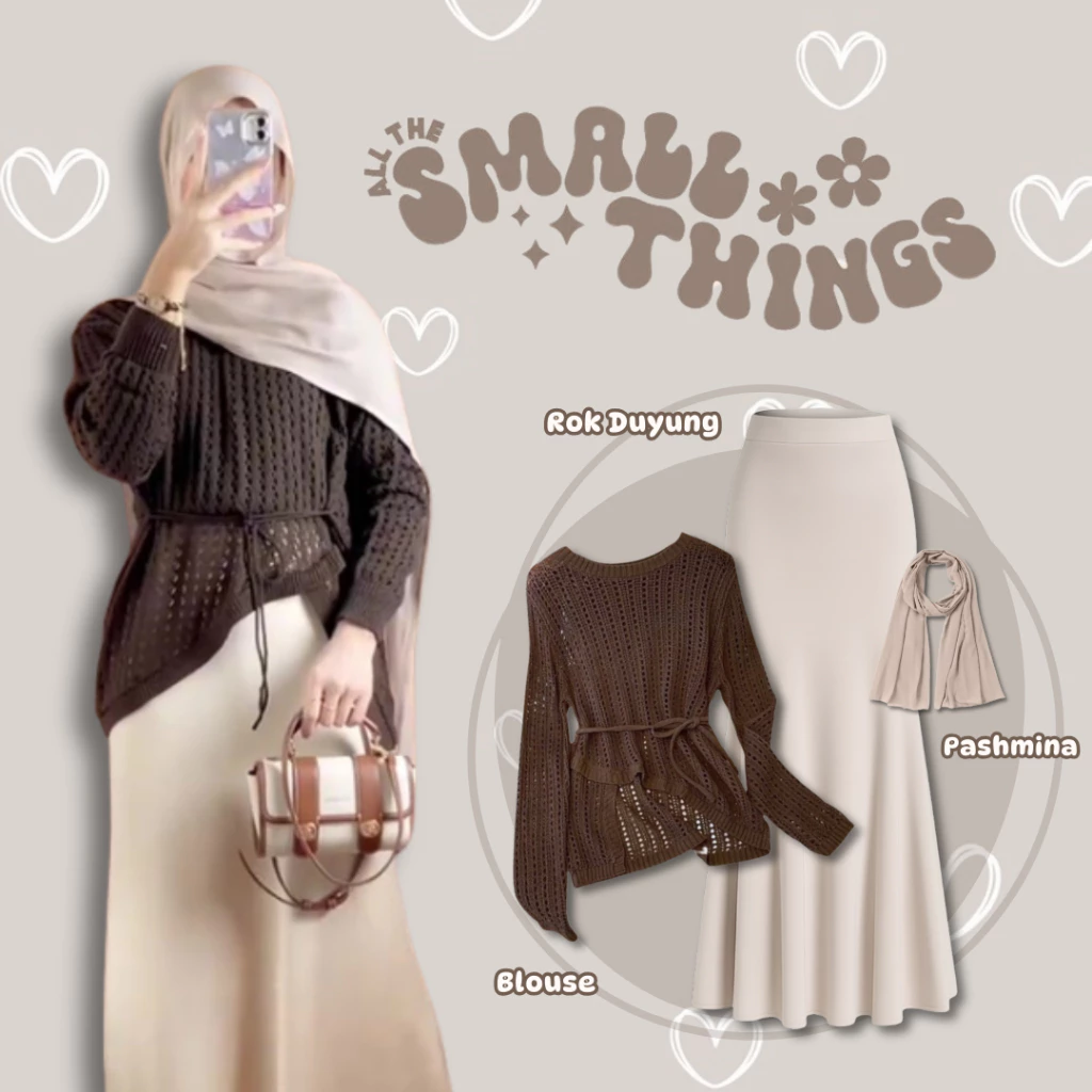 3in1 One Set Wanita Korean Style | Yuruma Blouse Jaring Rajut Coffee + Rok Duyung Scuba Ivory + Hijab Pashmina Ceruty Beige | Baju Setelan Outfit Casual Classy Elegant Hijab Friendly - UC90