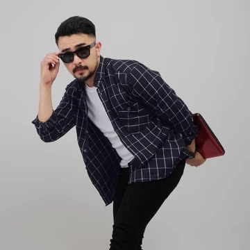 DGM Kemeja Flanel Pria Lengan Panjang Biru Garis Abu Kemeja Pria Flanel Pria Kemeja Panjang 001