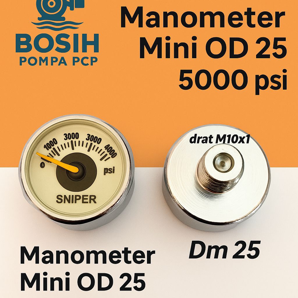 Jual Sparepart PCP Manometer Kecil OD 25 Tekanan 5000 PSI Drat M10x1 ...