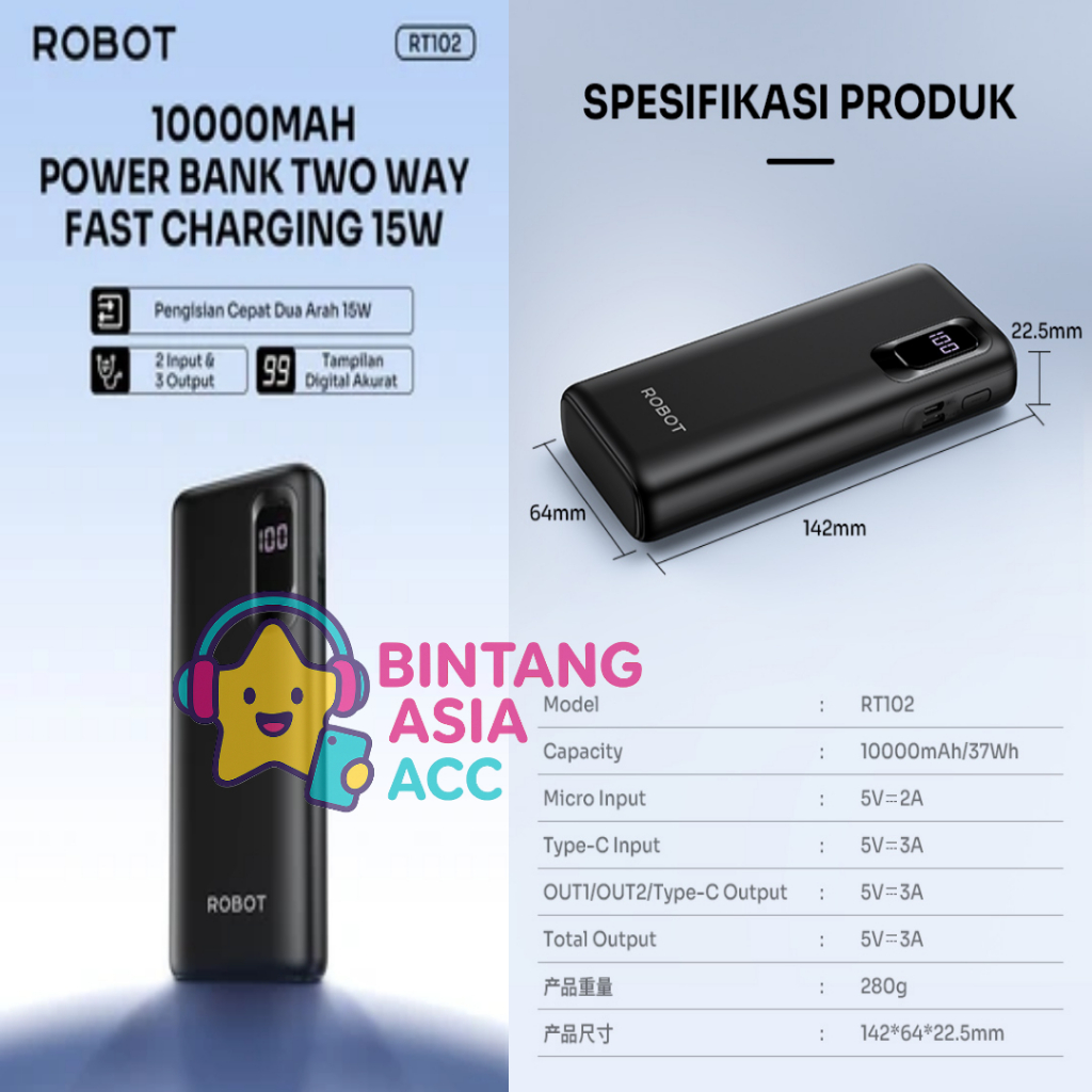Jual ROBOT Powerbank RT102 Fast Charging 10000mAh 15W with LED Display ...