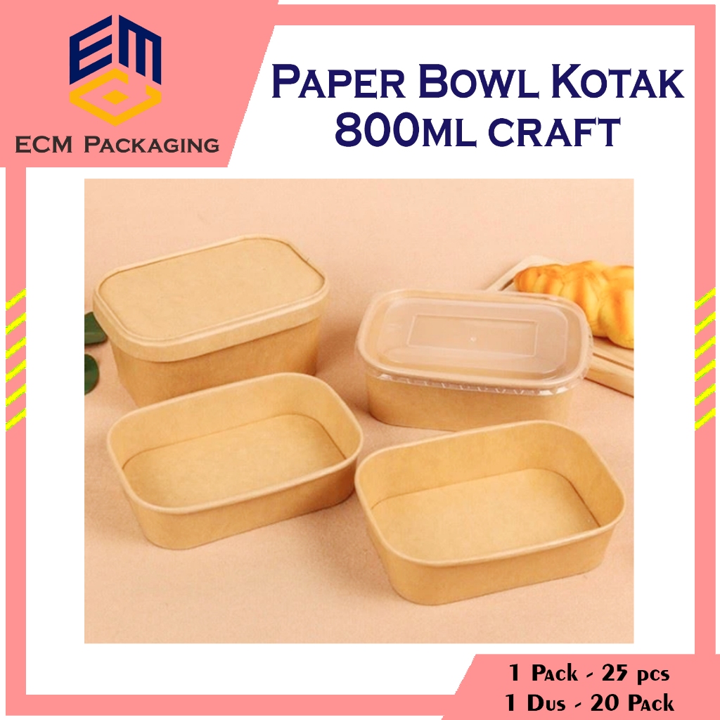Jual 25pcs Paper Bowl Rectangle 800ml + Tutup CRAFT | Paper Thinwall ...