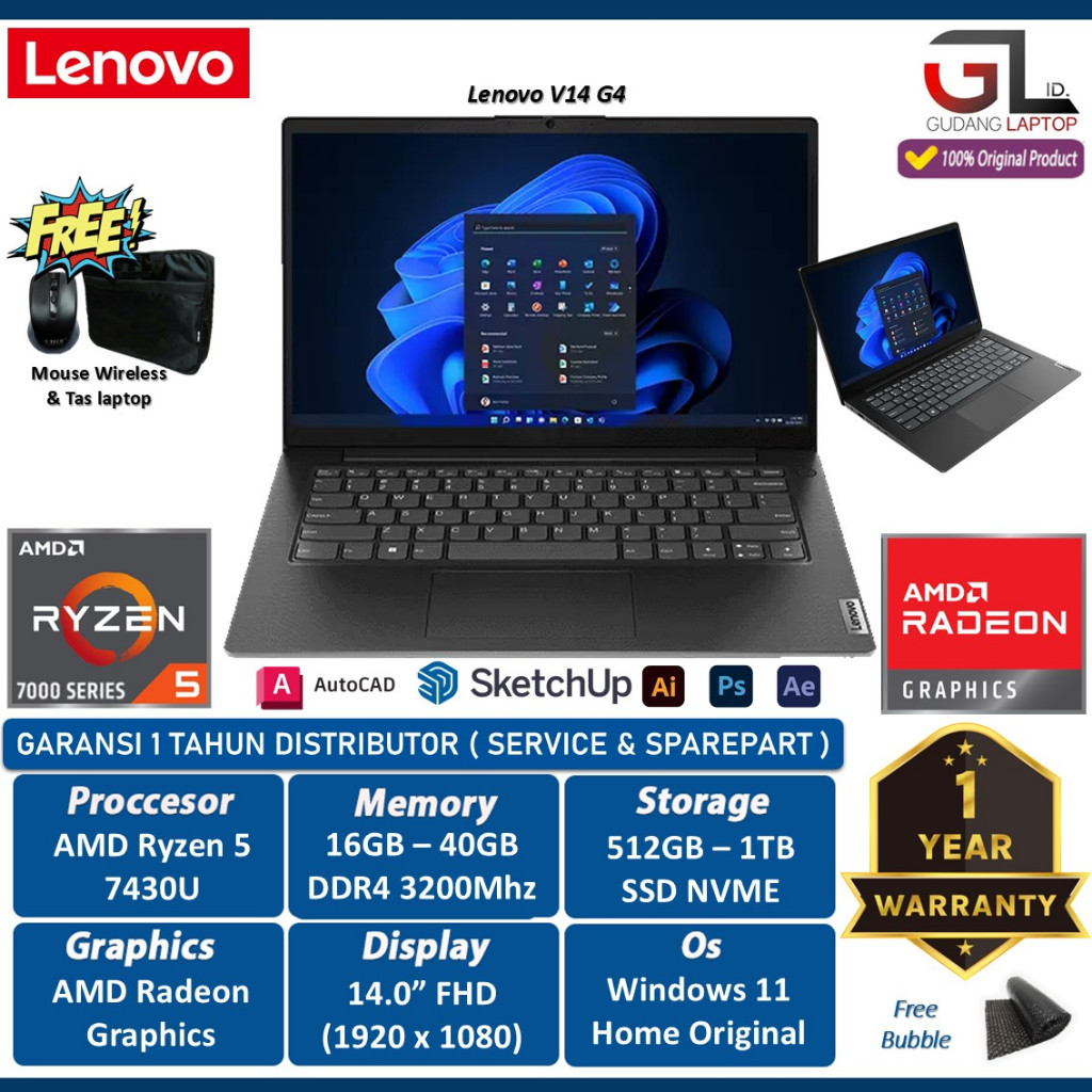 Jual Lenovo V14 G4 AMD Ryzen 5 7430U 40GB 2TB SSD 14.0FHD Windows 11 ...