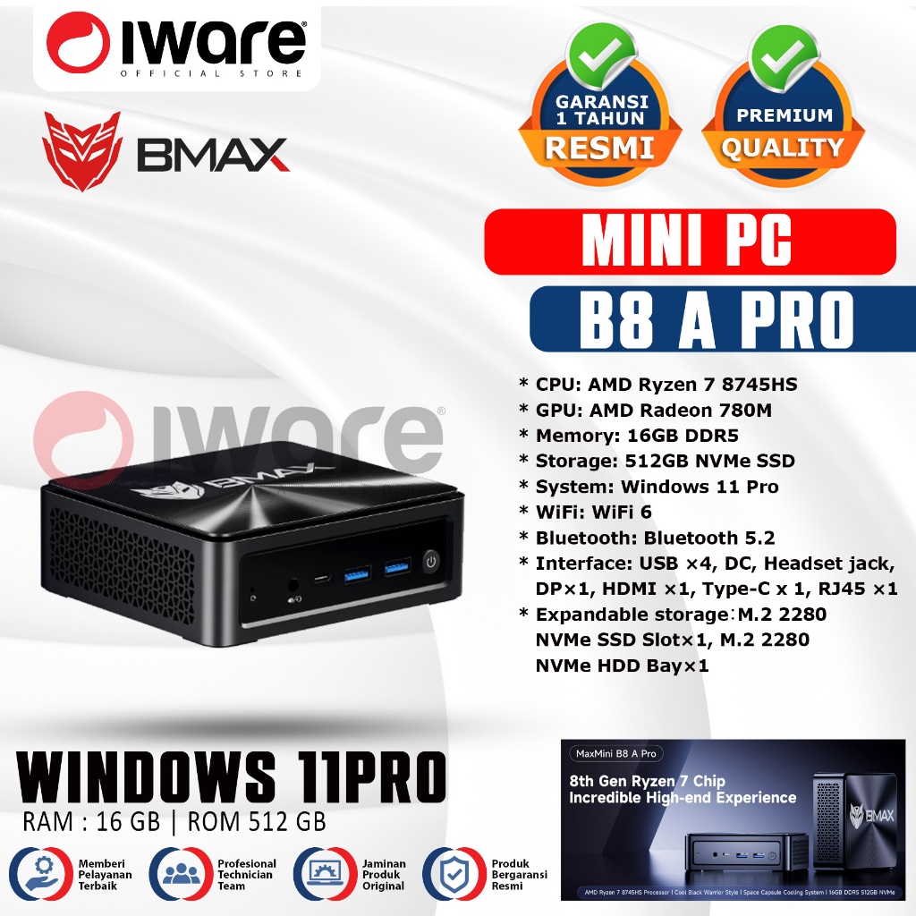 Jual Iware Mini Pc BMAX B8A PRO Ryzen 7 Gen 8 16/512GB Windows 11Pro ...