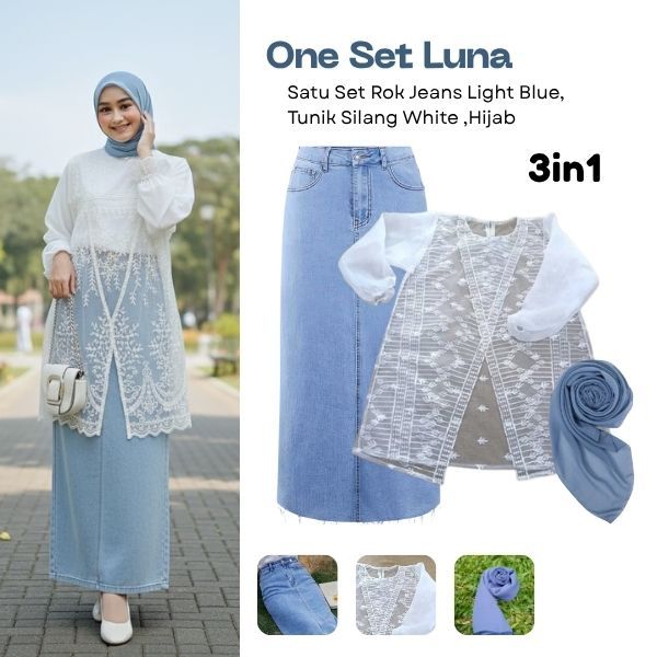 Jual Luna One Set Outer Brukat Korean Look | Outer Brokat Rok Jeans ...