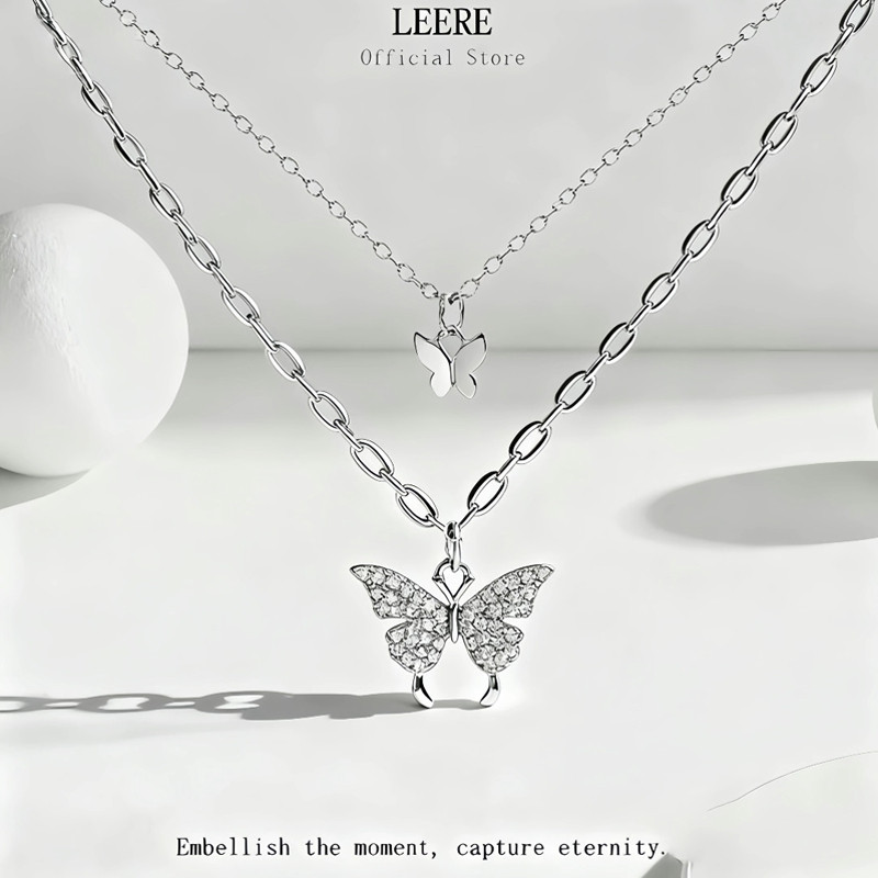 COD Kalung Titanium Wanita Perak Kupu Double Layer Liontin Kalung Wanita Fashion Korea Fashion Aksesoris Murah-Le