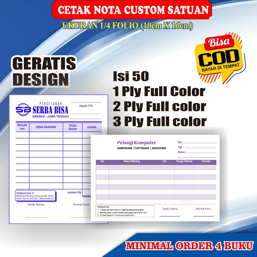Jual NOTA CUSTOM 3 PLY FULL COLOR NAMA SENDIRI UKURAN 1/4 FOLIO ANTI ...