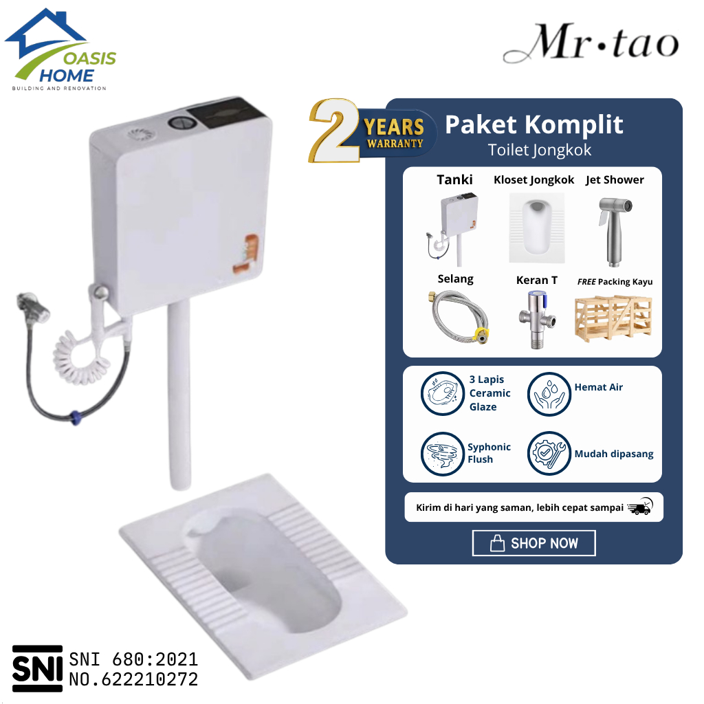 Kloset Jongkok Flush Mr. Tao Tanpa Penutup 1Set Energy Saving Water Tank 3in1 Frehsner Tempat Tissue Tombol Flush WC Jongkok Bahan Keramik Warna Putih