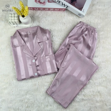 NOIRI Piyama Satin Baju Tidur Lengan Panjang Celana Panjang Setelan One Set Wanita Dewasa Motif