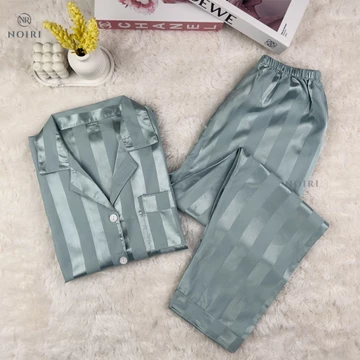 NOIRI Piyama Satin Baju Tidur Lengan Panjang Celana Panjang Setelan One Set Wanita Dewasa Motif