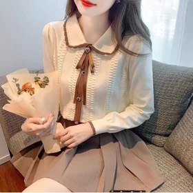 TTEUDA Baju Atasan Wanita Sailor Knit Lengan Panjang Blouse Wanita Sailor Knit Premium Blouse
