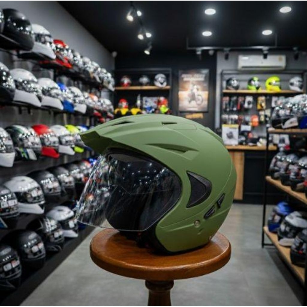 Jual HELM JP8 GREEN ARMY DOFF MODEL INK DOUBLE VISOR SPORTY HALFACE ...