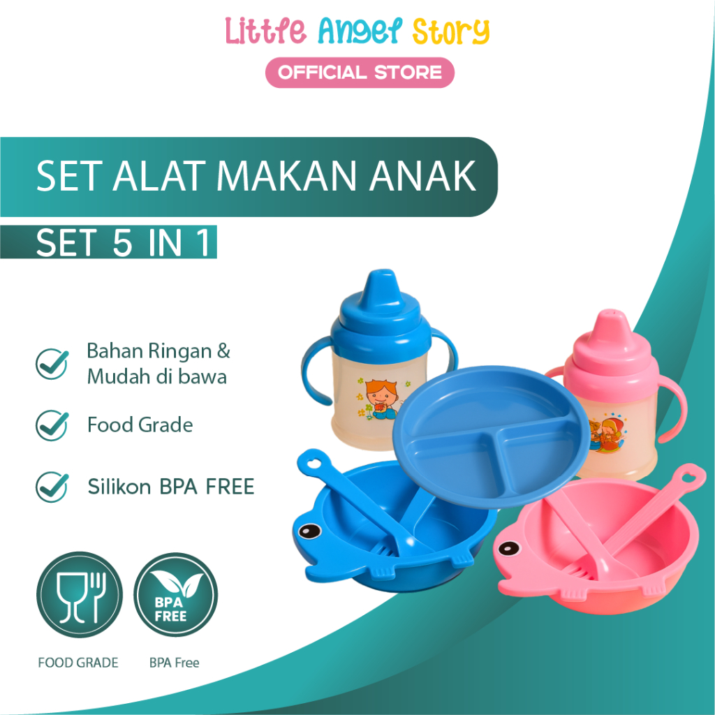 LITTLE ANGEL Peralatan Tempat Makan Bayi 5in1 Premium Feeding Set Alat Makan Anak isi 5 Perlengkapan MPASI Makanan Anak Bayi Set Piring Mangkok Botol Sendok Garpu Makan Food Containers Set Hampers Gift Hadiah Ulang Tahun Anak