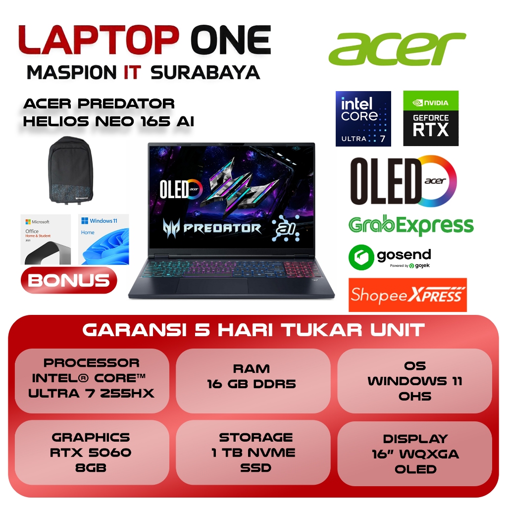 Jual ACER PREDATOR HELIOS NEO 165 AI OLED ULTRA 7 255HX RTX5060 8GB ...