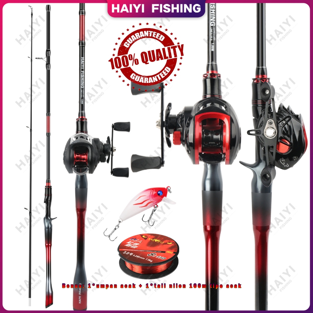 HAIYI FISHING Set Pancing/Set Alat Pancing  Fiber Glass Padat 1.65M/1.8M/2.1M Rolle Drop 7.2:1 - Fiber Gelas Solid Warna Merah Hitam Rolle Drop 7.2:1 Set Alat Pancing Merah Hitam Lengkap