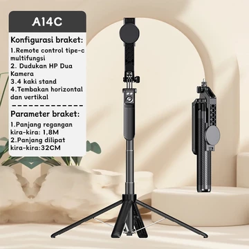 Tech 180CM Aluminium Selfie Stick Tongsis Tripod Bluetooth 4 Kaki Selfie Stick Untuk 2 HP