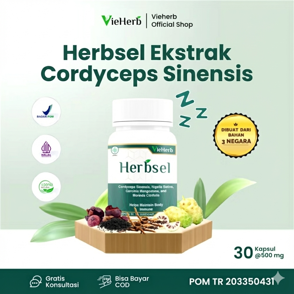 Vieherb Herbsel Suplemen Membantu Menjaga Kesehatan Ekstrak Jamur Cordyceps Sinensis Kulit Manggis Habbatussauda Mengkudu 30 Kapsul BPOM Halal