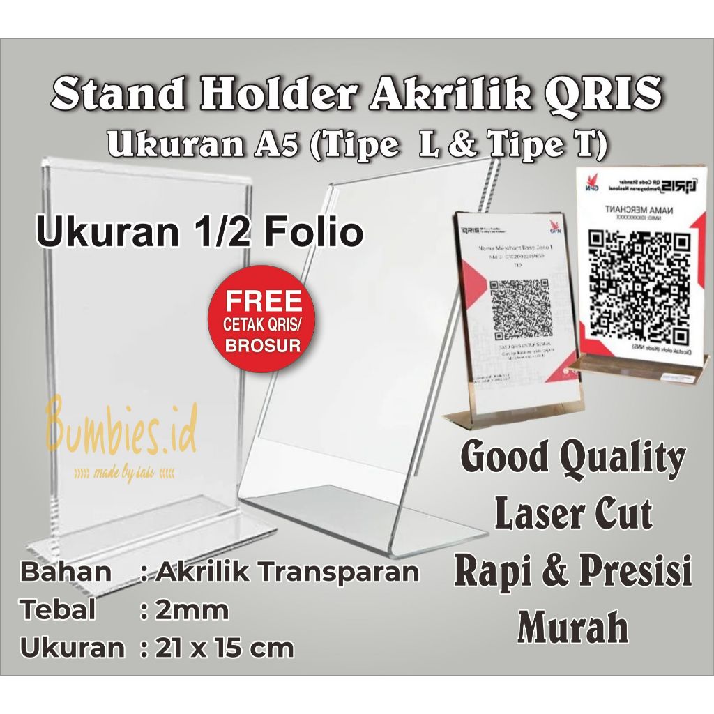 Jual Akrilik QRIS Tebal 2mm tent card holder A5 ukuran 1/2 Folio Tipe L ...